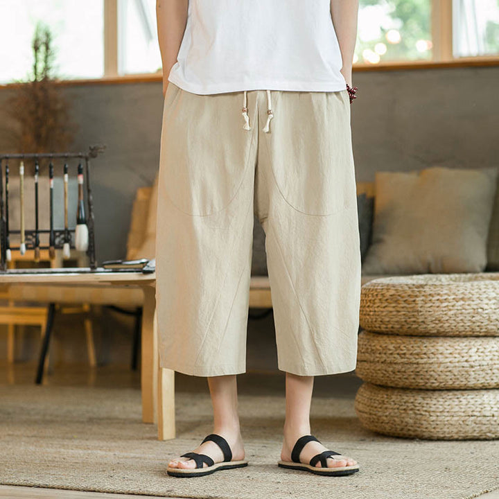 Buddha Stones Solid Color Mid-length Linen Men's Wide Leg Pants With Pockets - image 5