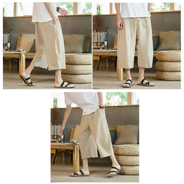 Buddha Stones Solid Color Mid-length Linen Men's Wide Leg Pants With Pockets - image 8