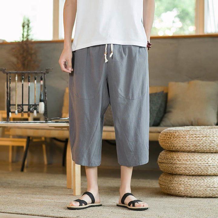 Buddha Stones Solid Color Mid-length Linen Men's Wide Leg Pants With Pockets - image 31