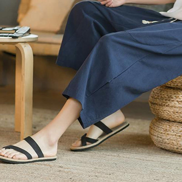 Buddha Stones Solid Color Mid-length Linen Men's Wide Leg Pants With Pockets - image 15