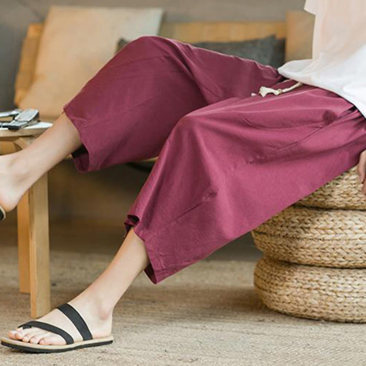 Buddha Stones Solid Color Mid-length Linen Men's Wide Leg Pants With Pockets - image 23