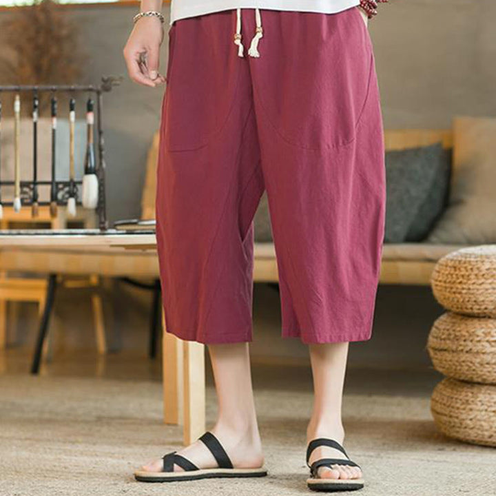 Buddha Stones Solid Color Mid-length Linen Men's Wide Leg Pants With Pockets - image 18