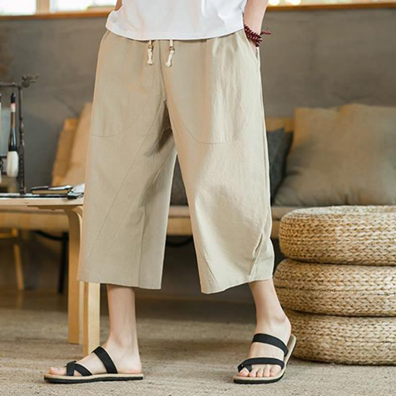 Buddha Stones Solid Color Mid-length Linen Men's Wide Leg Pants With Pockets - image 7