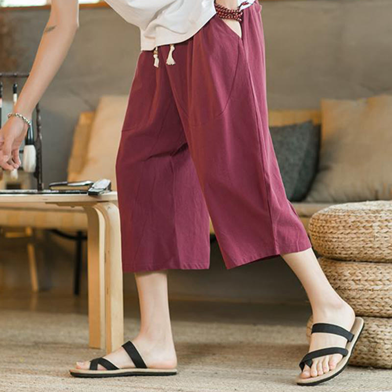 Buddha Stones Solid Color Mid-length Linen Men's Wide Leg Pants With Pockets - image 22