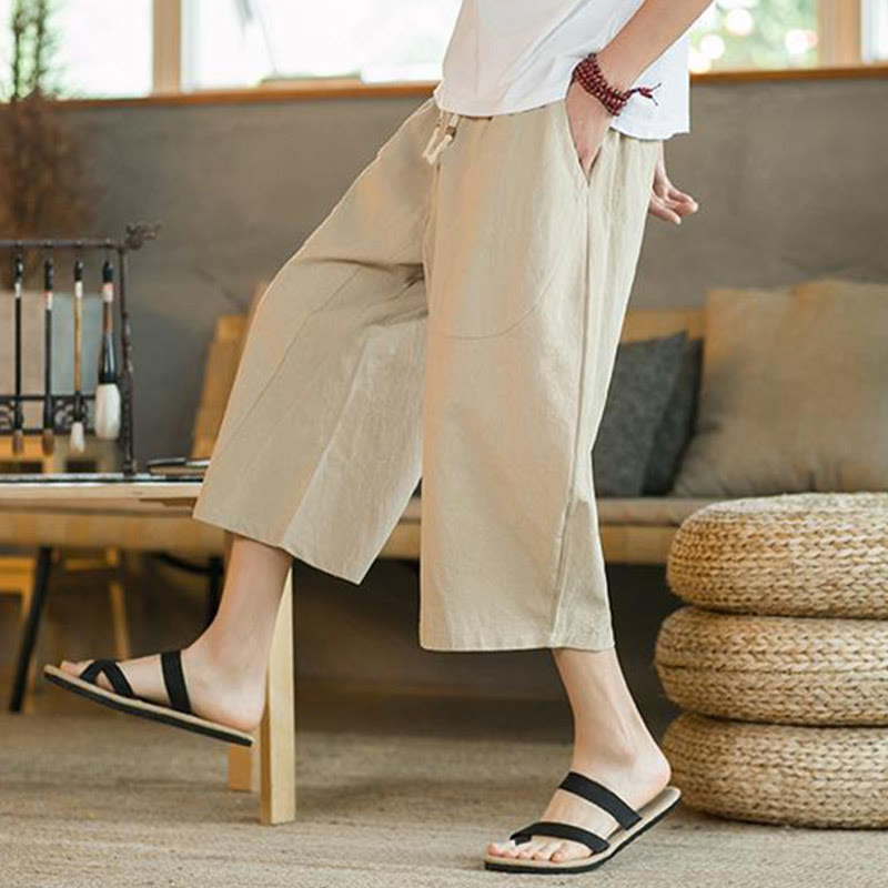 Buddha Stones Solid Color Mid-length Linen Men's Wide Leg Pants With Pockets - image 7