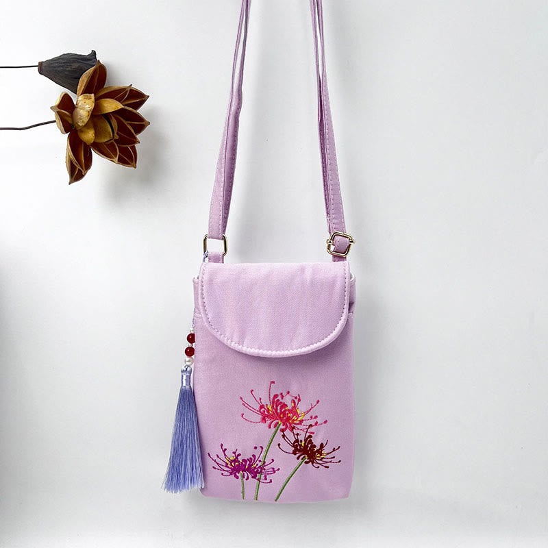 Buddha Stones Small Embroidered Flowers Crossbody Bag Shoulder Bag Double Layer Cellphone Bag - Purple Red Spider Lily 13.5*19.5*2.5cm - image 27
