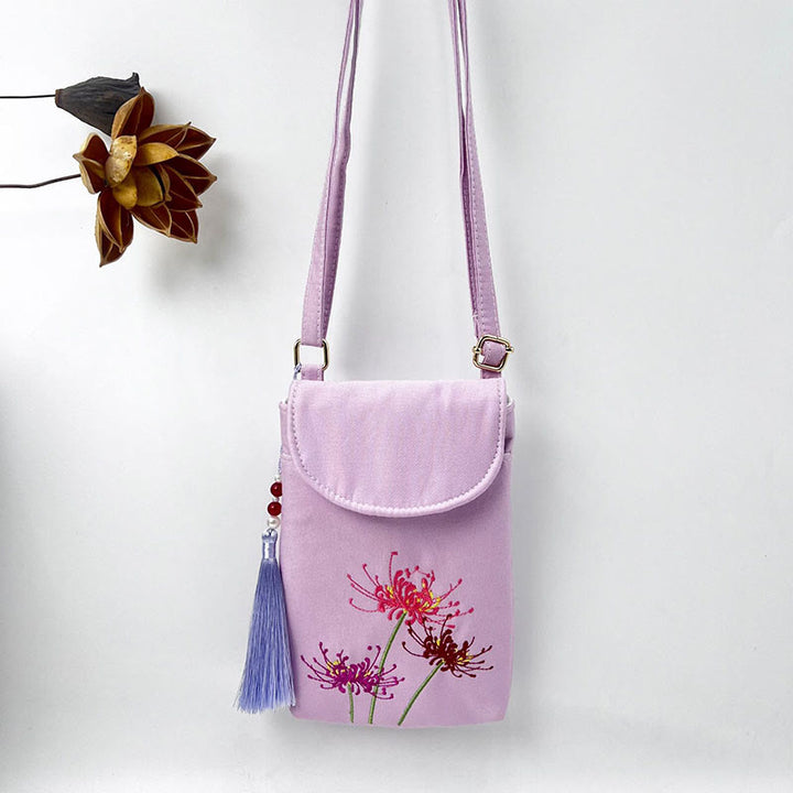 Buddha Stones Small Embroidered Flowers Crossbody Bag Shoulder Bag Double Layer Cellphone Bag - Purple Red Spider Lily 13.5*19.5*2.5cm - image 27