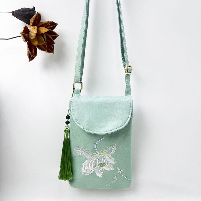 Buddha Stones Small Embroidered Flowers Crossbody Bag Shoulder Bag Double Layer Cellphone Bag - Green Koi Fish Lotus 13.5*19.5*2.5cm - image 29