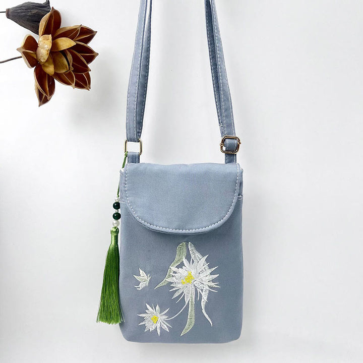 Buddha Stones Small Embroidered Flowers Crossbody Bag Shoulder Bag Double Layer Cellphone Bag - Gray Blue Epiphyllum 13.5*19.5*2.5cm - image 32