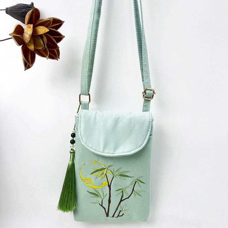 Buddha Stones Small Embroidered Flowers Crossbody Bag Shoulder Bag Double Layer Cellphone Bag - Green Bamboo 13.5*19.5*2.5cm - image 38