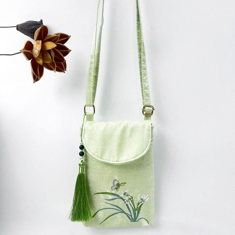Buddha Stones Small Embroidered Flowers Crossbody Bag Shoulder Bag Double Layer Cellphone Bag - Green Orchid Butterfly 13.5*19.5*2.5cm - image 43