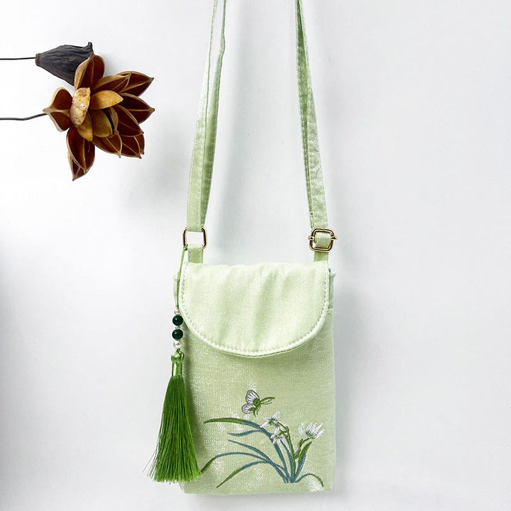 Buddha Stones Small Embroidered Flowers Crossbody Bag Shoulder Bag Double Layer Cellphone Bag - Green Orchid Butterfly 13.5*19.5*2.5cm - image 43
