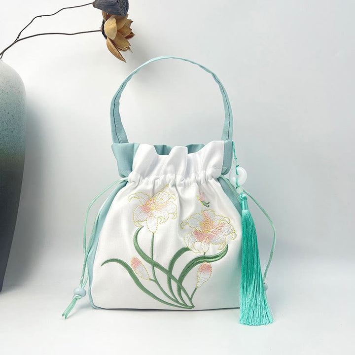 Buddha Stones Embroidered Flowers Wisteria Lily Cotton Linen Tote Crossbody Bag Shoulder Bag Handbag - Light Green White Lily 20*20*7cm - image 9