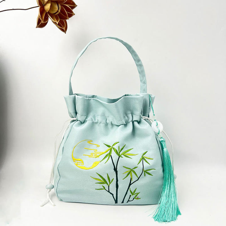 Buddha Stones Embroidered Flowers Wisteria Lily Cotton Linen Tote Crossbody Bag Shoulder Bag Handbag - Light Green Bamboo 20*20*7cm - image 11