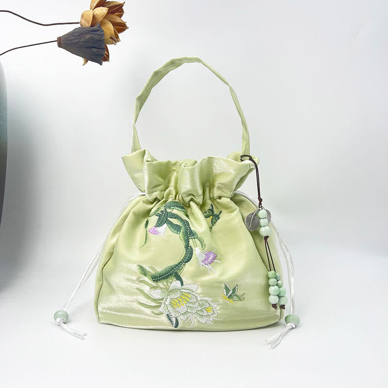 Buddha Stones Embroidered Flowers Wisteria Lily Cotton Linen Tote Crossbody Bag Shoulder Bag Handbag - Light Green Ephyllum 20*20*7cm - image 18