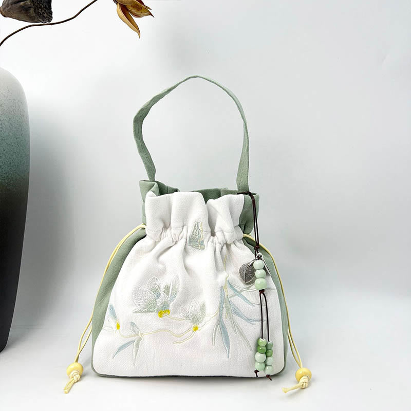 Buddha Stones Embroidered Butterfly Lotus Magnolia Cotton Linen Tote Crossbody Bag Shoulder Bag Handbag - Green Magnolia 20*20*7cm - image 12