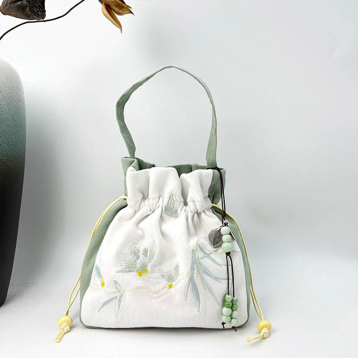 Buddha Stones Embroidered Butterfly Lotus Magnolia Cotton Linen Tote Crossbody Bag Shoulder Bag Handbag - Green Magnolia 20*20*7cm - image 12