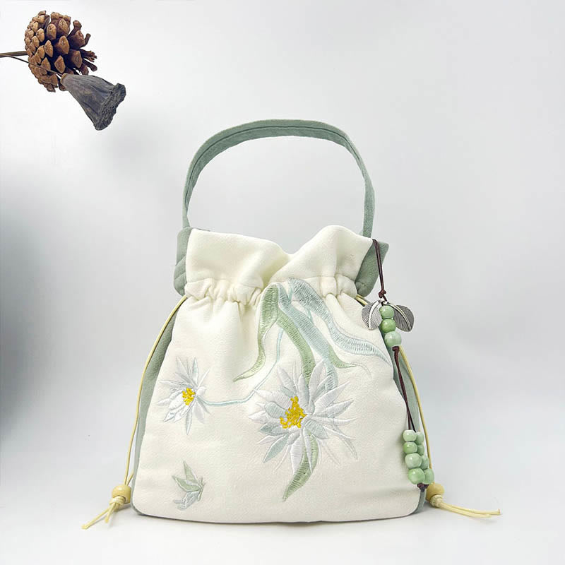 Buddha Stones Embroidered Butterfly Lotus Magnolia Cotton Linen Tote Crossbody Bag Shoulder Bag Handbag - Green Ephyllum 20*20*7cm - image 14