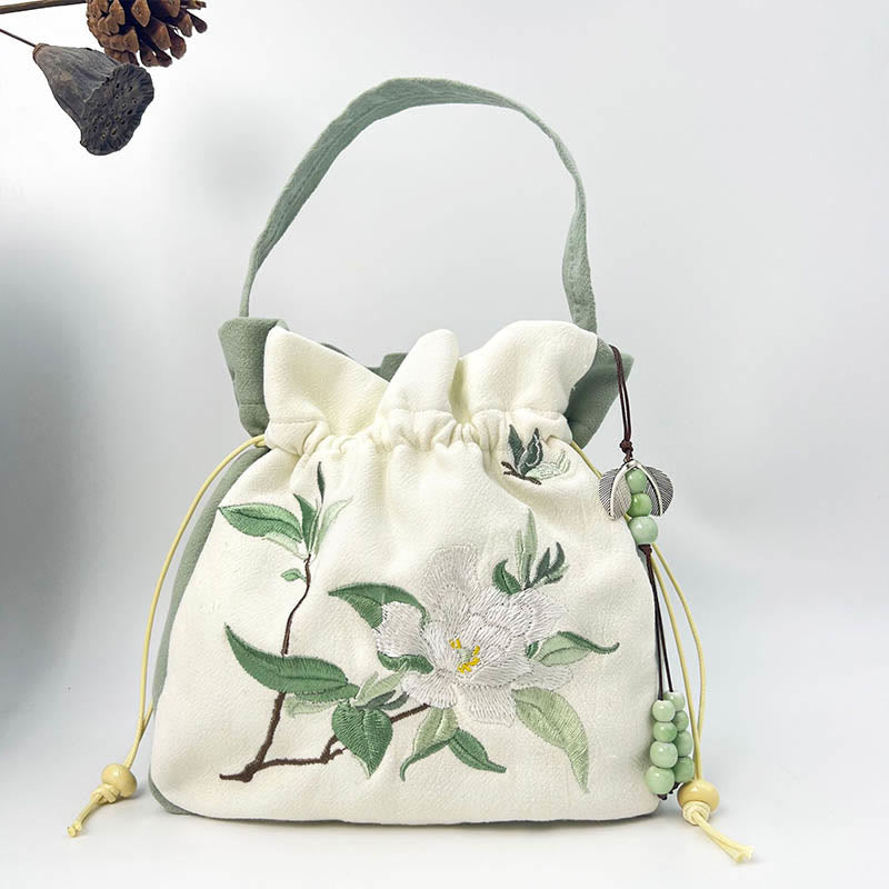 Buddha Stones Embroidered Butterfly Lotus Magnolia Cotton Linen Tote Crossbody Bag Shoulder Bag Handbag - Green Gardenia 20*20*7cm - image 19