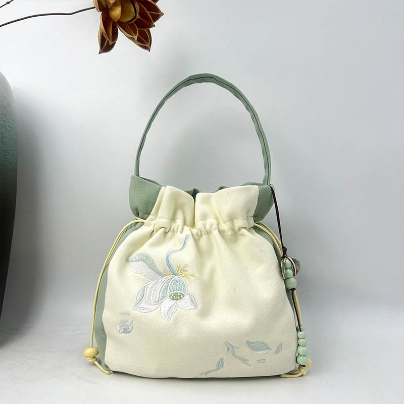 Buddha Stones Embroidered Butterfly Lotus Magnolia Cotton Linen Tote Crossbody Bag Shoulder Bag Handbag - Green Koi Fish Lotus 20*20*7cm - image 20