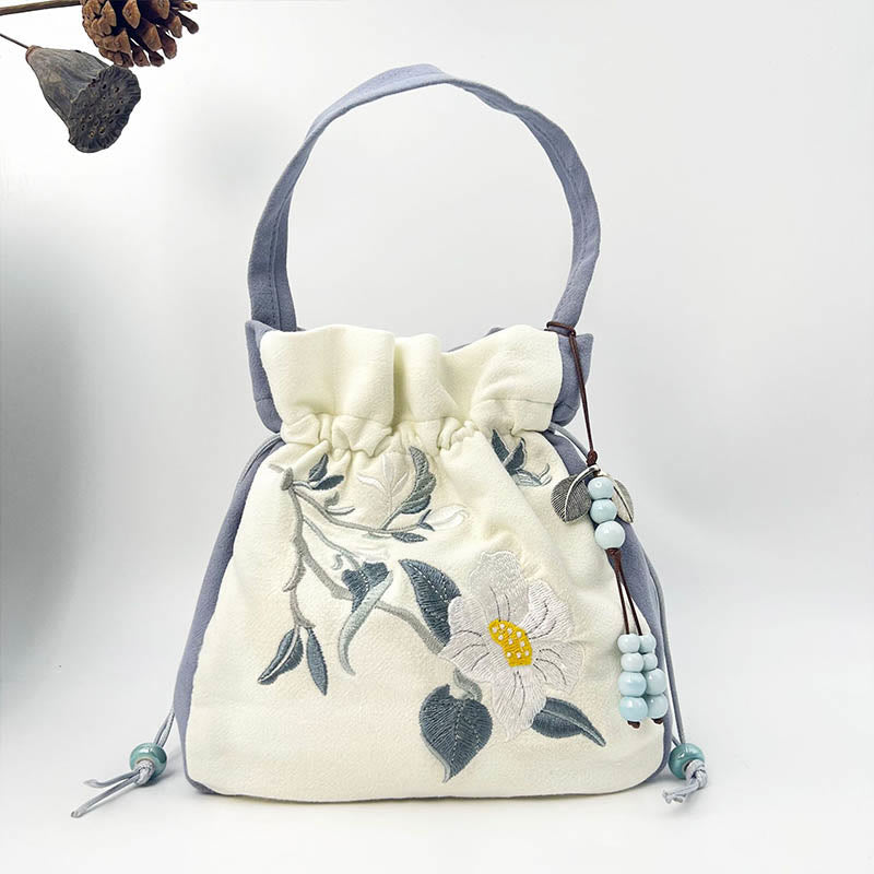 Buddha Stones Embroidered Butterfly Lotus Magnolia Cotton Linen Tote Crossbody Bag Shoulder Bag Handbag - Blue White Camellia 20*20*7cm - image 23