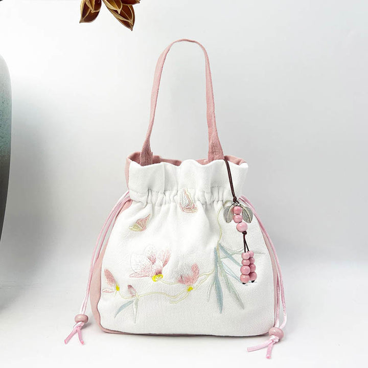 Buddha Stones Embroidered Butterfly Lotus Magnolia Cotton Linen Tote Crossbody Bag Shoulder Bag Handbag - Pink White Magnolia 20*20*7cm - image 24