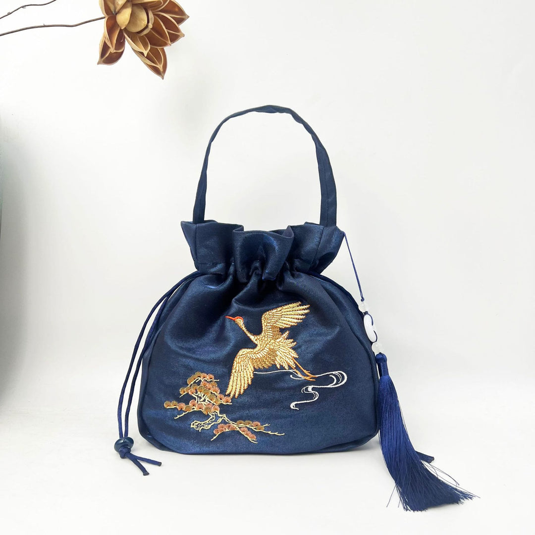 Buddha Stones Embroidered Lotus Koi Fish Crane Camellia Cotton Linen Tote Crossbody Bag Shoulder Bag Handbag - Navy Blue Crane 20*20*7cm - image 7