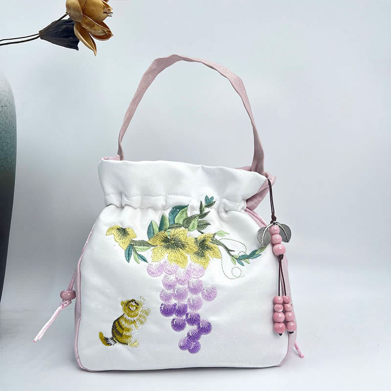Buddha Stones Embroidered Osmanthus Peony Grape Cat Cotton Linen Tote Crossbody Bag Shoulder Bag Handbag - Light Pink White Grape Cat 20*20*7cm - image 9