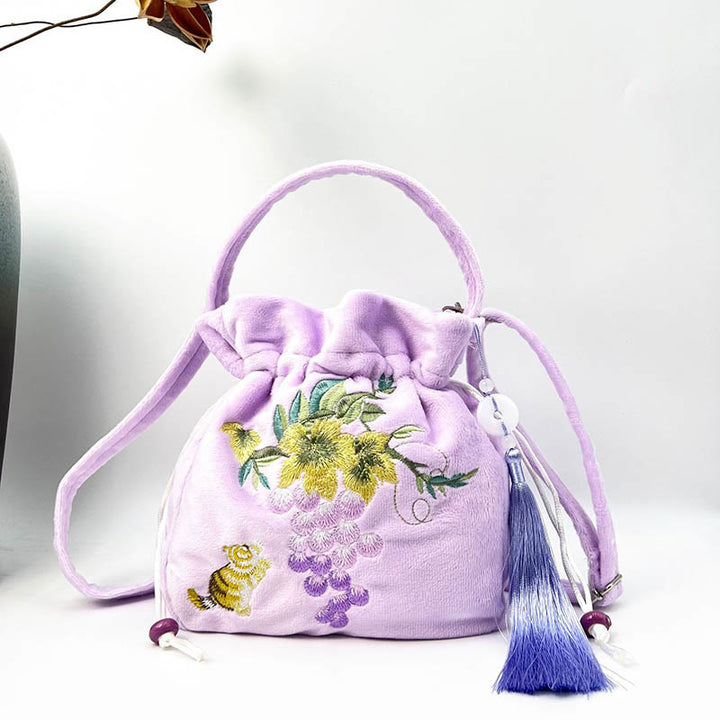Buddha Stones Embroidered Osmanthus Peony Grape Cat Cotton Linen Tote Crossbody Bag Shoulder Bag Handbag - Purple Grape Cat 20*20*7cm - image 11