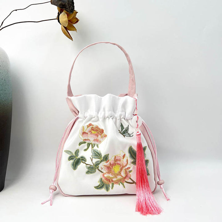 Buddha Stones Embroidered Osmanthus Peony Grape Cat Cotton Linen Tote Crossbody Bag Shoulder Bag Handbag - Light Pink Peony 20*20*7cm - image 7
