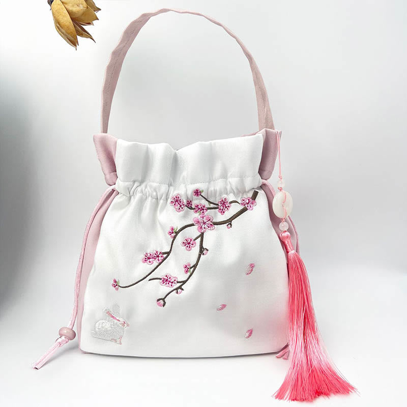 Buddha Stones Embroidered Osmanthus Peony Grape Cat Cotton Linen Tote Crossbody Bag Shoulder Bag Handbag - Light Pink Plum Rabbit 20*20*7cm - image 10