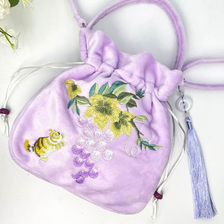 Buddha Stones Embroidered Osmanthus Peony Grape Cat Cotton Linen Tote Crossbody Bag Shoulder Bag Handbag - image 12