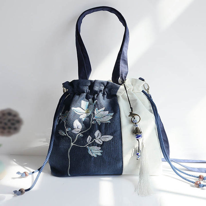 Buddha Stones Embroidered Grass Flowers Cherry Blossom Canvas Tote Crossbody Bag Shoulder Bag Handbag - Blue White Flower 28*30cm - image 8