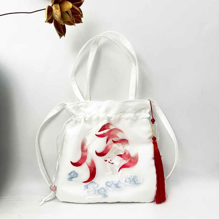 Buddha Stones Suzhou Embroidery Lotus Deer Epiphyllum Peony Rabbit Cotton Linen Tote Crossbody Bag Shoulder Bag Handbag - White Nine-Tailed Fox 21*22cm - image 22