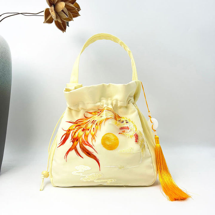Buddha Stones Suzhou Embroidery Rabbit Lotus Epiphyllum Peony Magnolia Silk Tote Crossbody Bag Shoulder Bag Handbag - Yellow Golden Phoenix 20*20*7cm - image 25