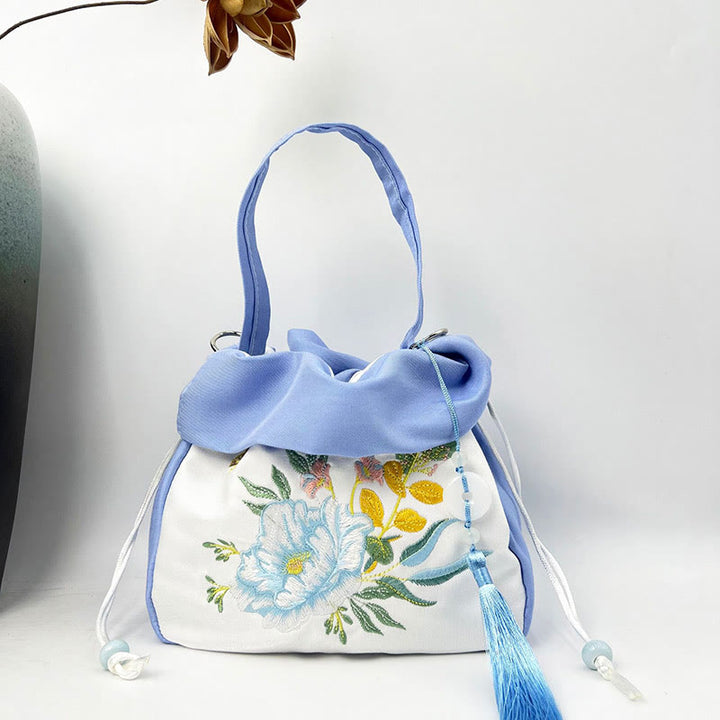 Buddha Stones Suzhou Embroidery Camellia Magnolia Peony Lotus Silk Tote Crossbody Bag Shoulder Bag Handbag - Light Blue Peony 20*20*7cm - image 15