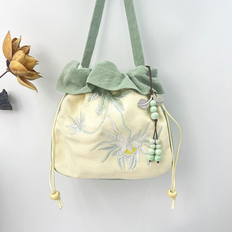 Buddha Stones Suzhou Embroidery Lotus Epiphyllum Magnolia Cotton Linen Tote Crossbody Bag Shoulder Bag Handbag - Green Epiphyllum 20*20*7cm - image 7