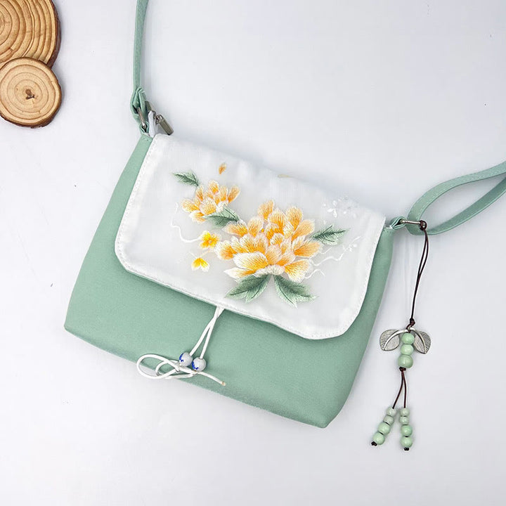 Buddha Stones Embroidered Camellia Epiphyllum Gardenia Sakura Flowers Crossbody Bag Shoulder Bag Cellphone Bag - Green Gold Peony 23*19*3.5cm - image 34