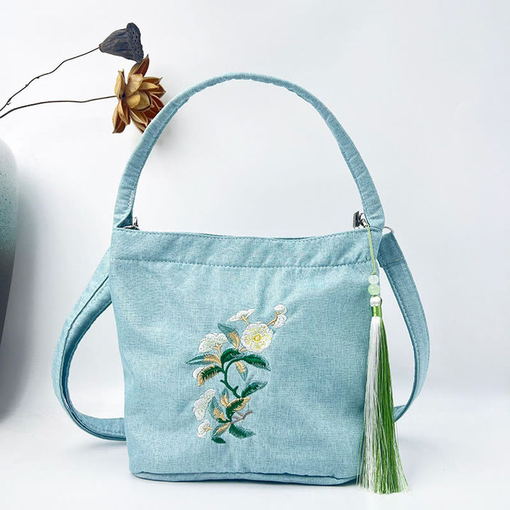 Buddha Stones Embroidery Wisteria Plum Lotus Cherry Blossom Cotton Linen Canvas Tote Crossbody Bag Shoulder Bag Handbag - Light Green White Plum 19*20*10cm - image 11