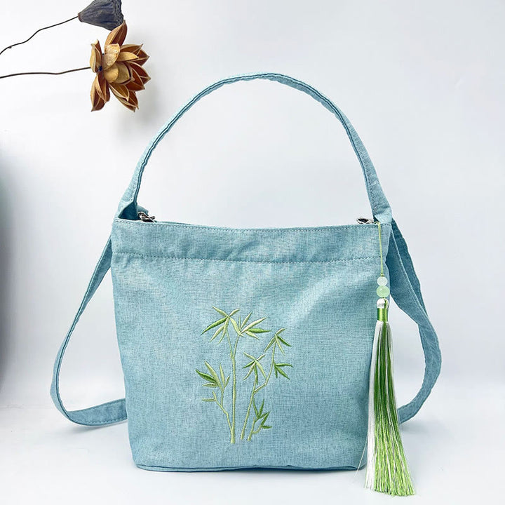 Buddha Stones Embroidery Wisteria Plum Lotus Cherry Blossom Cotton Linen Canvas Tote Crossbody Bag Shoulder Bag Handbag - Light Green Bamboo 19*20*10cm - image 14