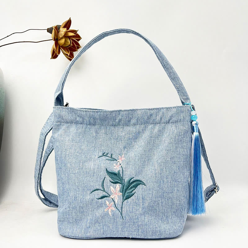 Buddha Stones Embroidery Wisteria Plum Lotus Cherry Blossom Cotton Linen Canvas Tote Crossbody Bag Shoulder Bag Handbag - Light Blue Small Pink Flower 19*20*10cm - image 37