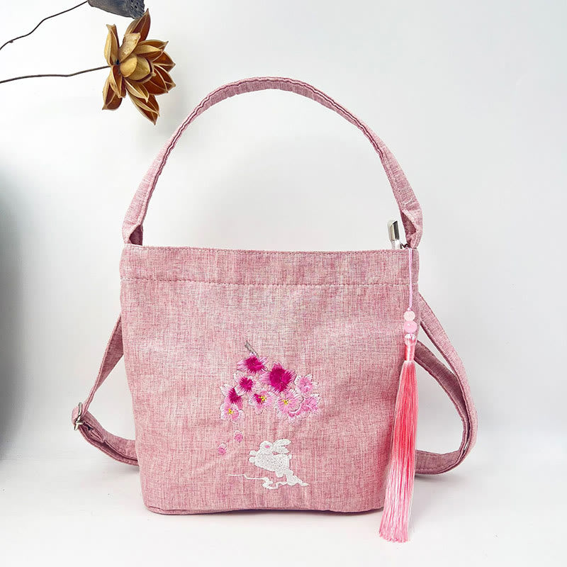 Buddha Stones Embroidery Wisteria Plum Lotus Cherry Blossom Cotton Linen Canvas Tote Crossbody Bag Shoulder Bag Handbag - Light Pink Cherry Blossom Rabbit 19*20*10cm - image 41