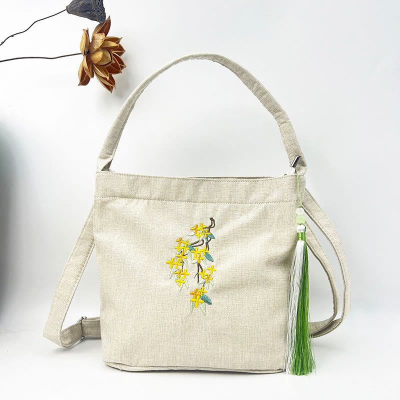 Buddha Stones Embroidery Wisteria Plum Lotus Cherry Blossom Cotton Linen Canvas Tote Crossbody Bag Shoulder Bag Handbag - Beige Osmanthus 19*20*10cm - image 47