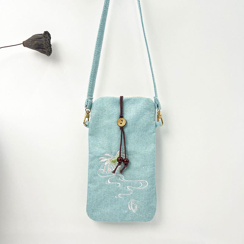 Buddha Stones Small Embroidered Flowers Crossbody Bag Shoulder Bag Cellphone Bag 11*20cm - Light Green Lotus 11*20cm - image 20