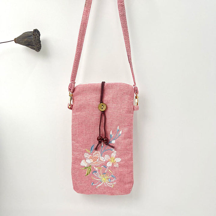 Buddha Stones Small Embroidered Flowers Crossbody Bag Shoulder Bag Cellphone Bag 11*20cm - Pink Peach Blossom 11*20cm - image 40