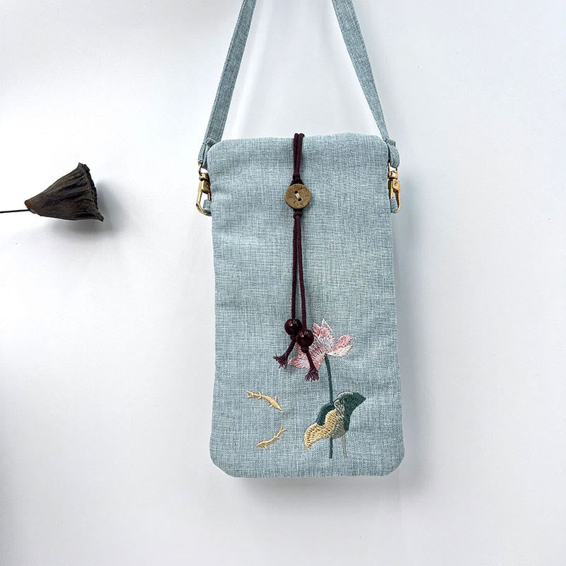 Buddha Stones Small Embroidered Flowers Crossbody Bag Shoulder Bag Cellphone Bag 11*20cm - Light Blue Lotus Fish 11*20cm - image 38