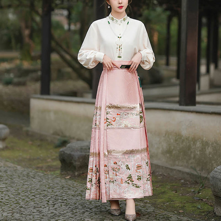 Buddha Stones Chinese Hanfu Pink Peach Garden Printed Horse Face Skirt Mamianqun