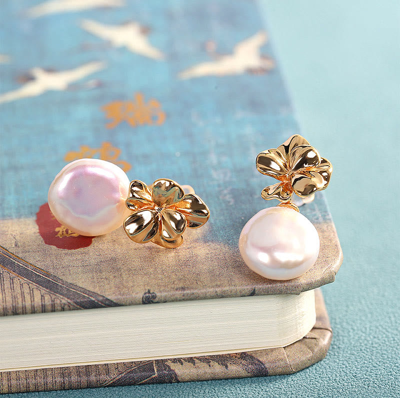 Buddha Stones 925 Sterling Silver Natural Baroque Pearl Flower Healing Drop Earrings - image 1