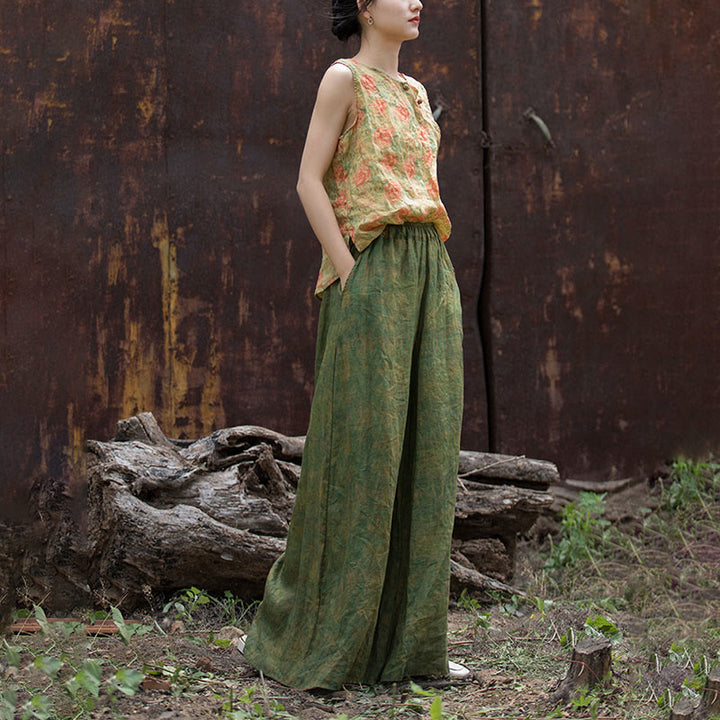 Buddha Stones Green Yellow Ramie Linen Flexible Waistband Wide Leg Pants With Pockets