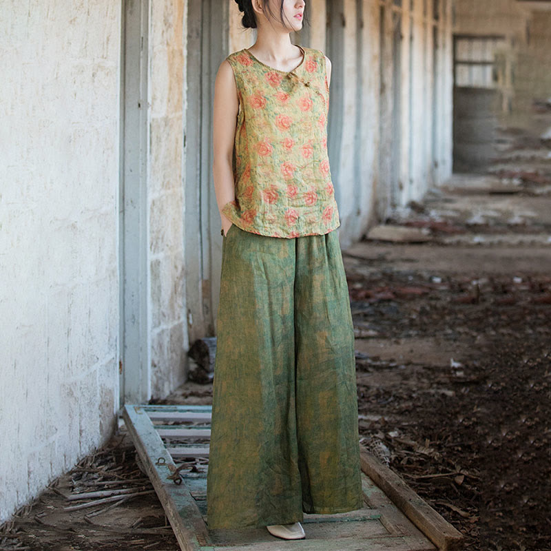 Buddha Stones Green Yellow Ramie Linen Flexible Waistband Wide Leg Pants With Pockets